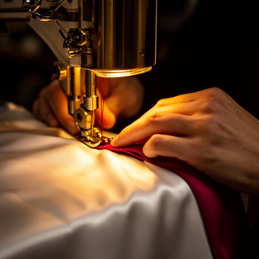 Crimson silk threads weaving through pristine white marble — a metaphor for tailored strategy